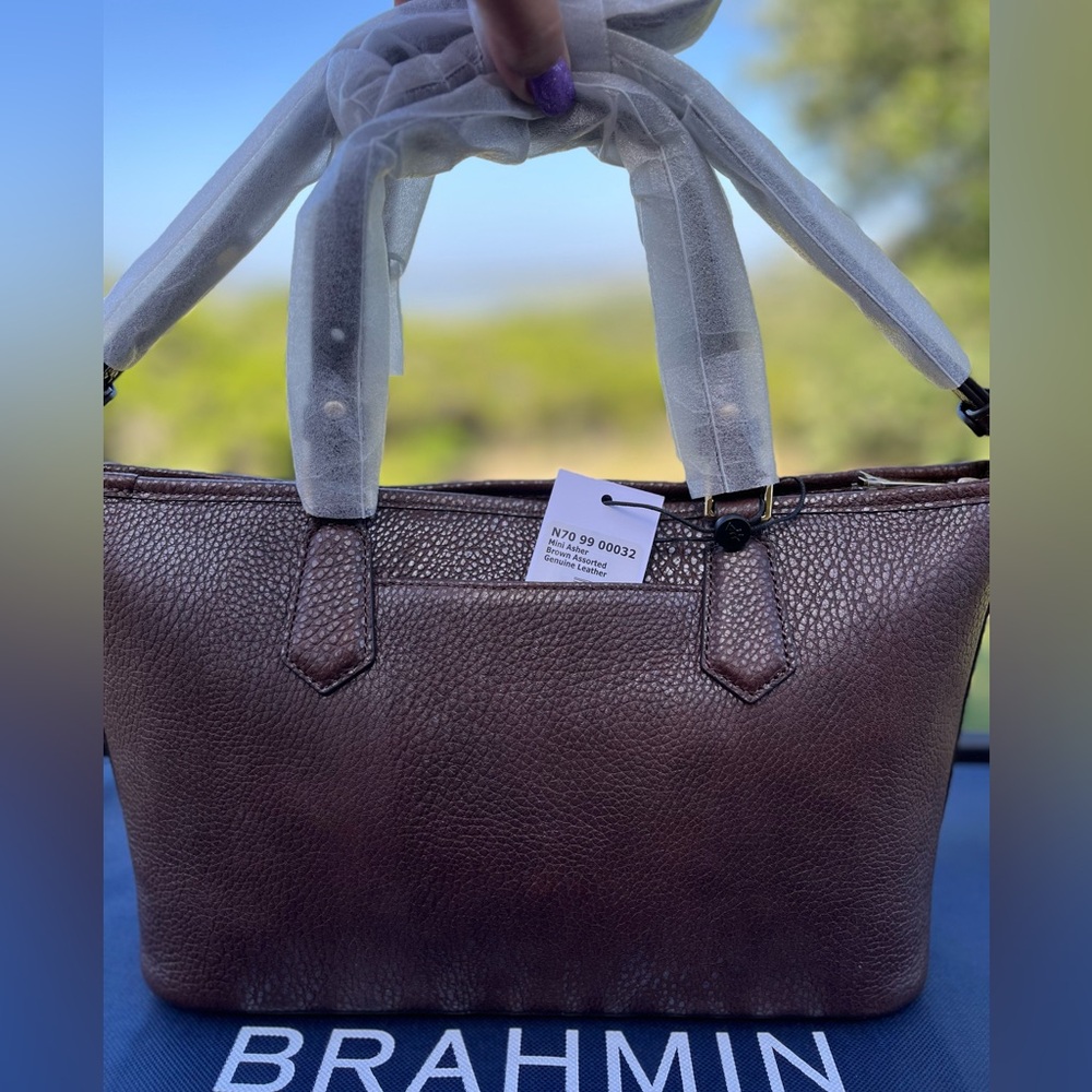 NWT Brahmin Mini-Asher Dark Brown Pebbled Leather Satchel Crossbody - Picture 3 of 13
